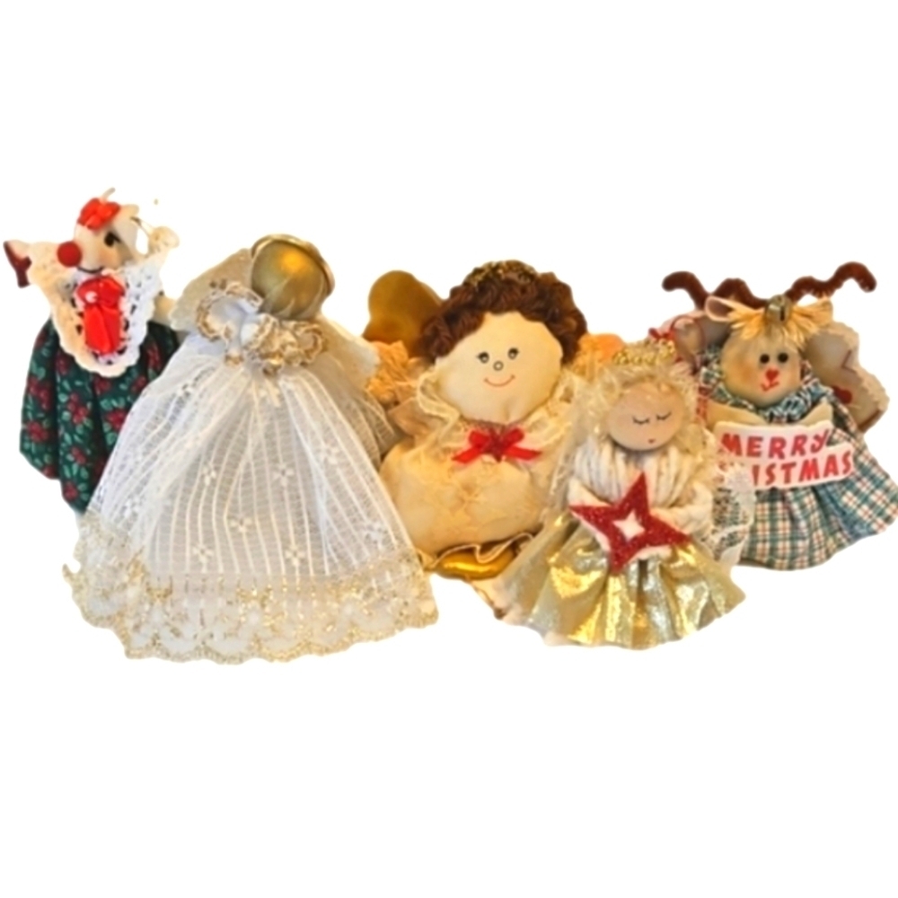 Hand Crafted Handmade Angels Fabric Christmas Ornaments Bundle of 5